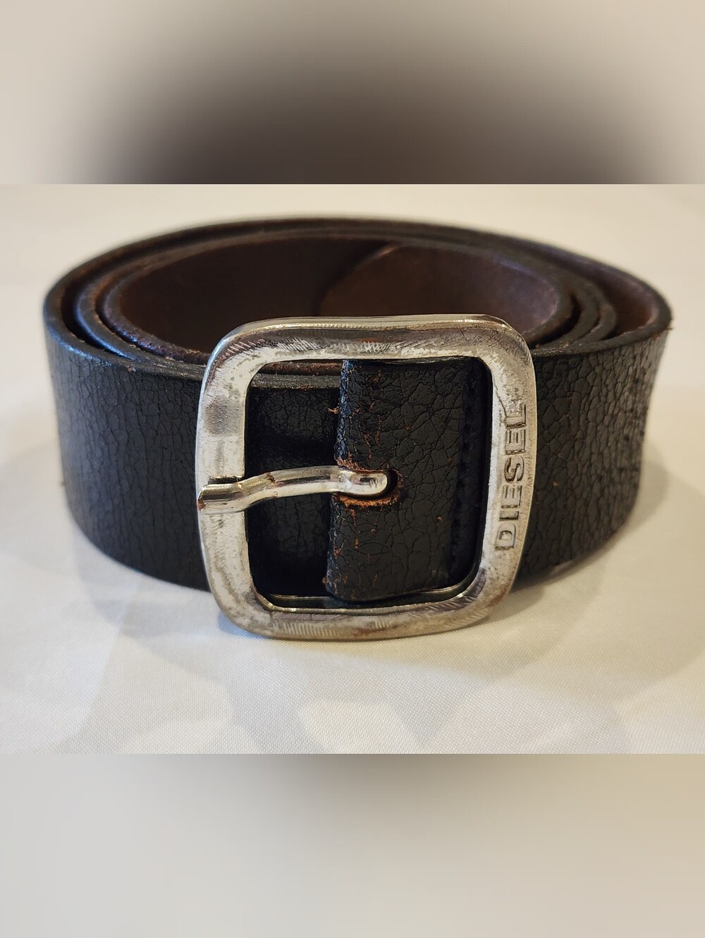 Diesel Black Leather Belt with Brushed Silver Square Buckle